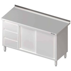 Stół przyścienny z blokiem trzech szuflad (L),drzwi suwane 1600x600x850 mm Stalgast 980466160