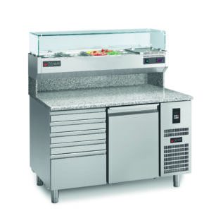 Stół chłodniczy 1 drzwiowy z blokiem szuflad z blatem granitowym do pizzy z nadstawką 6x1/3 GN, 1520x820x1500, GEMM PC/150C