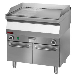 Płyta grillowa  1/2 gładka + 1/2 ryflowana chromowana na podstawie szafkowej zamkniętej, 800x700x900 KROMET 700.PBE-800GR.S.D