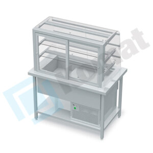 Stanowisko z witryną chłodniczą z wanną - witryna z klapkami uchylnymi, szyba gięta 1300x800x900, AISI 304, Komat KL1-81.803G