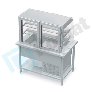 Stanowisko z witryną chłodniczą z wanną - witryna otwarta, szyba gięta 970x800x900, AISI 304, Komat KL1-82.802G
