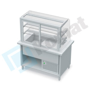 Stanowisko z witryną chłodniczą z wanną - witryna zamknięta, szyba gięta 1630x800x900, AISI 304, Komat KL2-80.804G