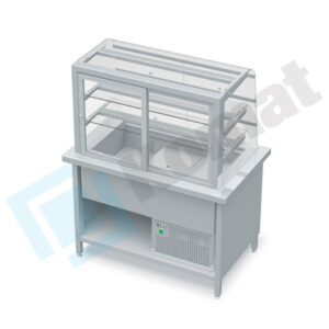 Stanowisko z witryną chłodniczą z wanną - witryna z klapkami uchylnymi, szyba gięta 1300x800x900, AISI 304, Komat KL2-81.803G