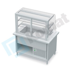 Stanowisko z witryną chłodniczą z wanną - witryna zamknięta, szyba gięta 1950x800x900, AISI 304, Komat KL3-80.805G