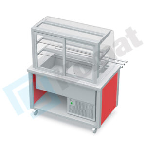 Stanowisko z witryną chłodniczą z wanną - witryna zamknięta, szyba gięta 970x800x900, AISI 304, Komat KL4-80.802G